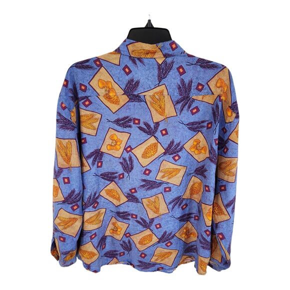 SK & Co Blouse Silk Print Size Large Long Sleeve Collared Button Down Shirt Blue - Picture 7 of 11